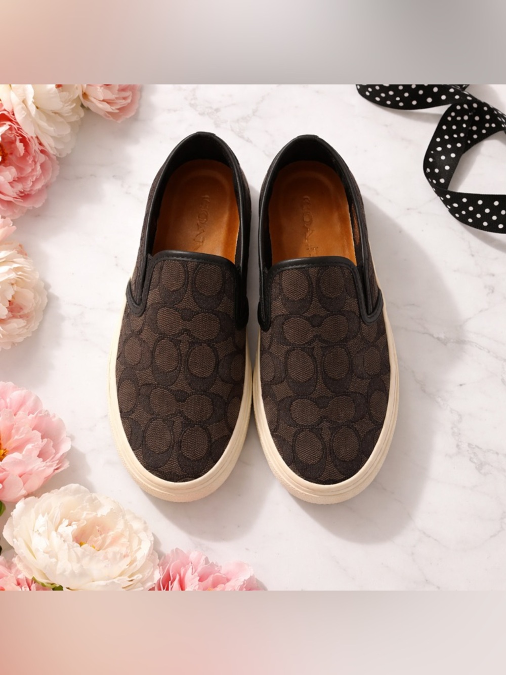 Coach women Brown Signature Slip-On Sneakers with Cream Sole